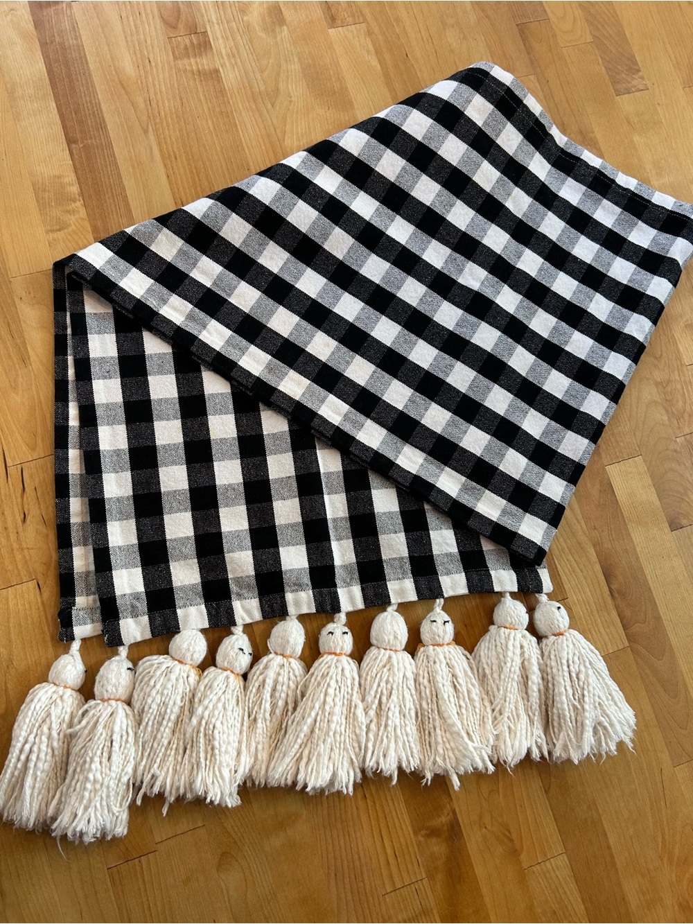 Rachel Zoe Halloween Black and White Buffalo Check Ghost Tassel Table Runner